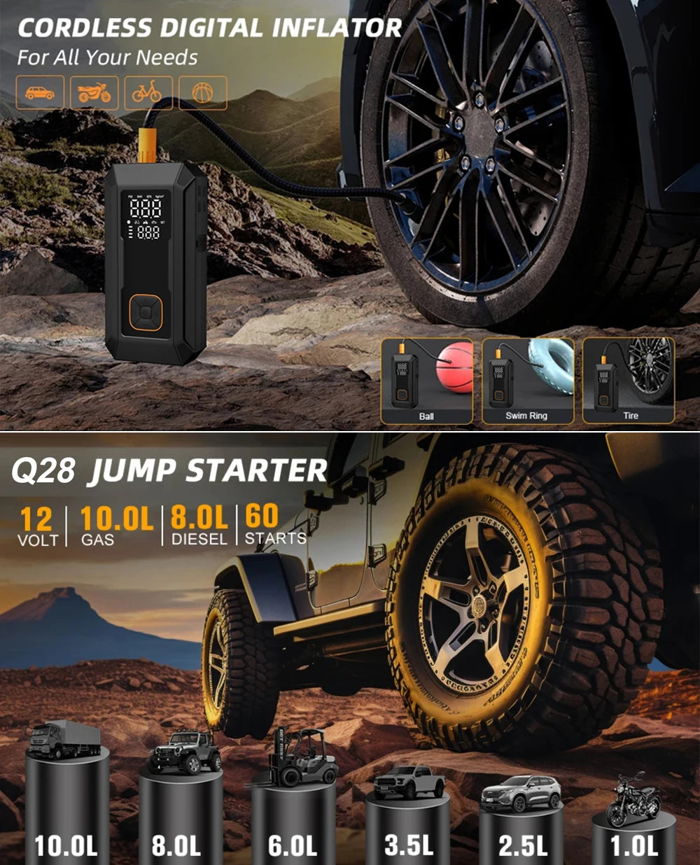 Motorcycle Jump Starter Q28 4000A with 150PSI Air Compressor Portable Power Bank Tyre Inflator 400 Lumen LED Light 12V