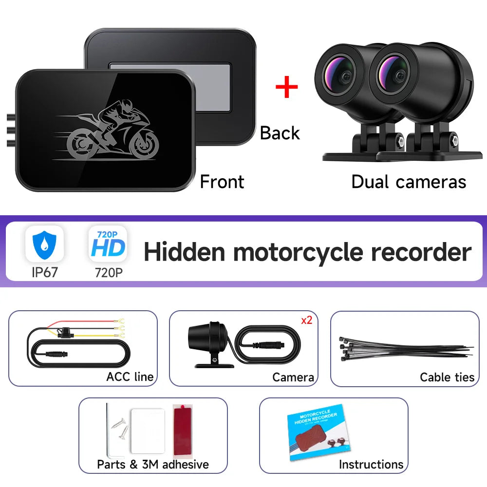 JIUYIN Dual Lens Motorcycle Dash Cam 720P/1080P Front & Rear Waterproof WiFi Night Vision Loop Recording Motorcycle Camera DVR Black Box G-Sensor