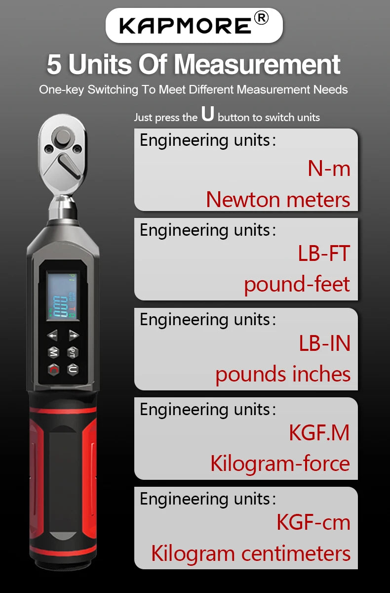 KAPMORE KAP-01 Digital Torque Wrench – ±2% Accuracy – LED + Buzzer Alert – 4 Units (Nm/ft-lb/in-lb/kgf-cm) – 0.15–100 Nm – from $113