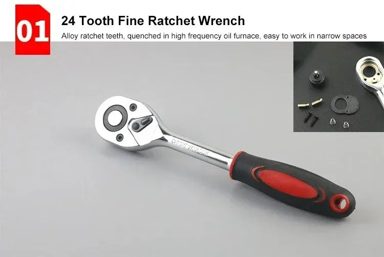46-Piece 1/4" Drive Socket Ratchet Wrench Set – Chromium Vanadium Steel – Motorcycle / Car / Bicycle Repair – Red / Green / Black – from $27