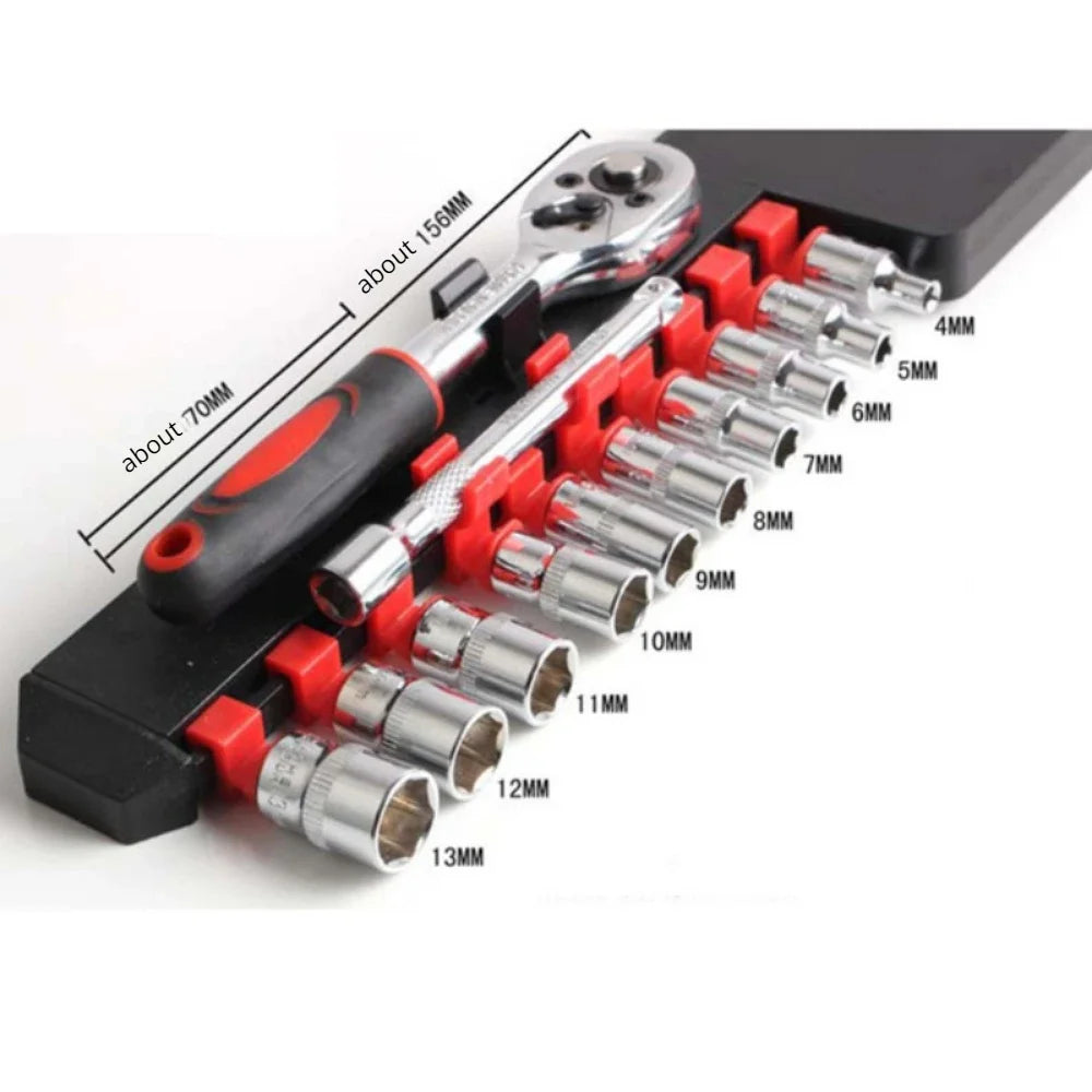 12-Piece Ratchet Wrench Socket Set – 4–13mm Metric Sockets – Chrome Plated 45# Steel – Motorcycle / Bicycle / Car / Boat – from $17