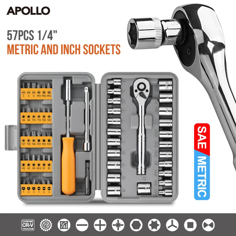 Hi-Spec 57-Piece 1/4" Drive Socket Ratchet Wrench Set – Car / Bike / Motorcycle Repair – Hex & Phillips Bits – Storage Case – $42