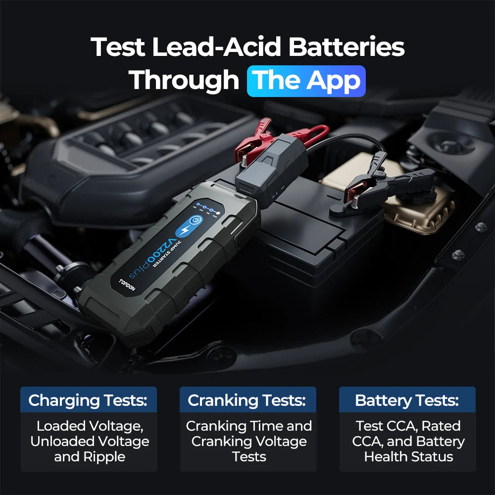 TOPDON V2200Plus 2200A Jump Starter – 2-in-1 Battery Tester & Power Bank for Cars, Trucks & Motorcycles