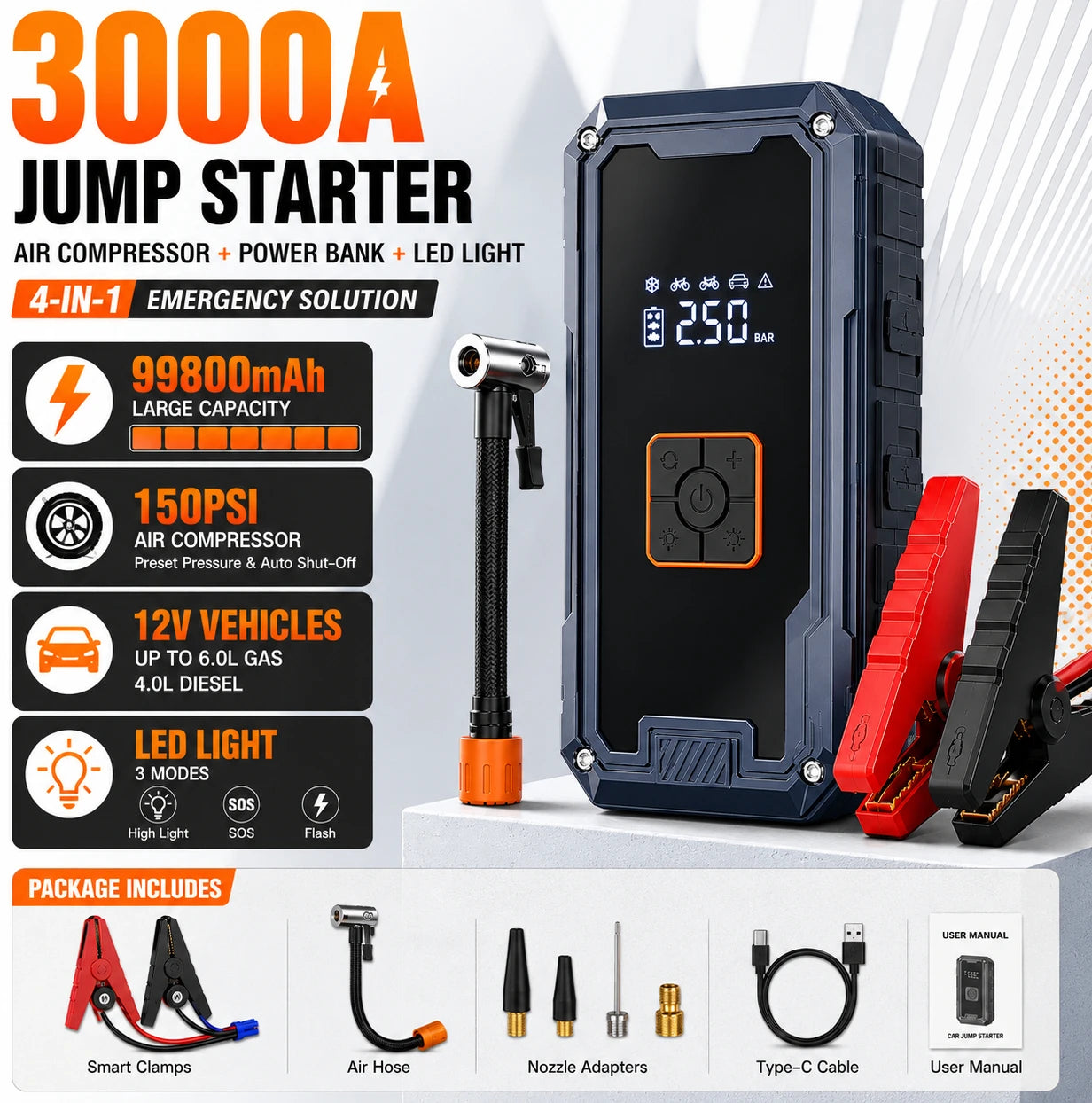Rscrola Motorcycle Jump Starter 3000A with 150PSI Air Compressor Tyre Inflator Portable Power Bank LED Light 12V for Motorcycle SUV Truck