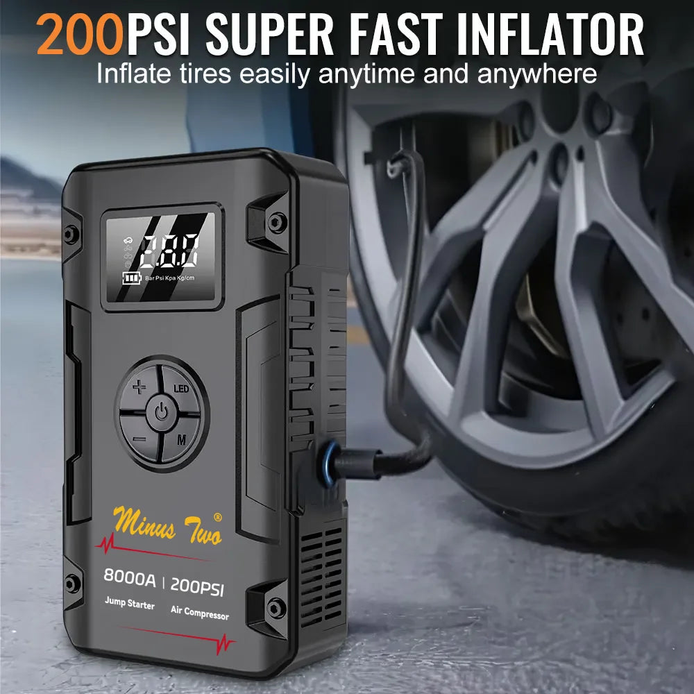 Motorcycle Jump Starter 8000A with 200PSI Air Compressor 4-in-1 Portable Power Bank Tyre Inflator Motorcycle Battery Booster Starting Device