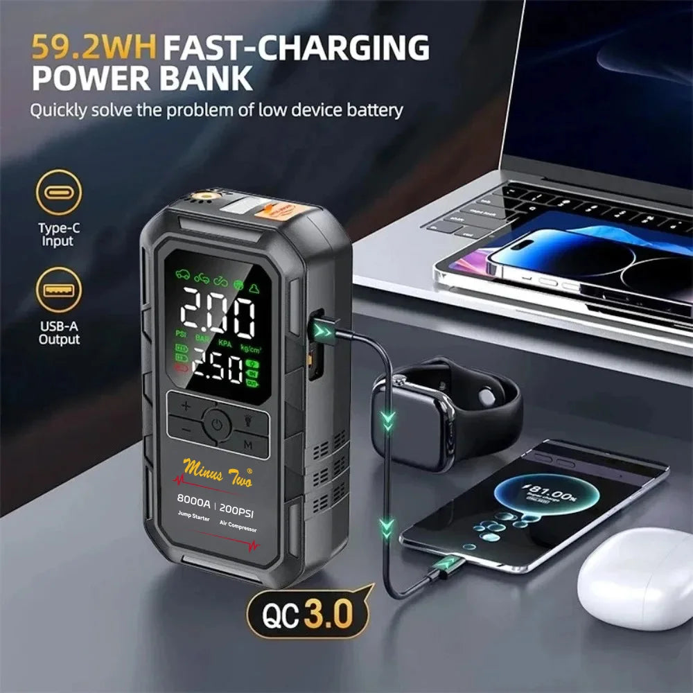 8000A Peak Car Jump Starter with 200PSI Air Compressors – Portable Emergency Battery Booster & Power Bank