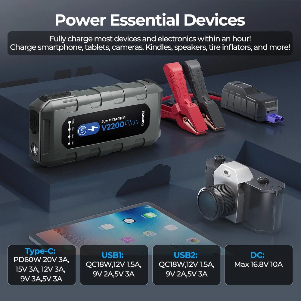TOPDON V2200Plus 2200A Jump Starter – 2-in-1 Battery Tester & Power Bank for Cars, Trucks & Motorcycles