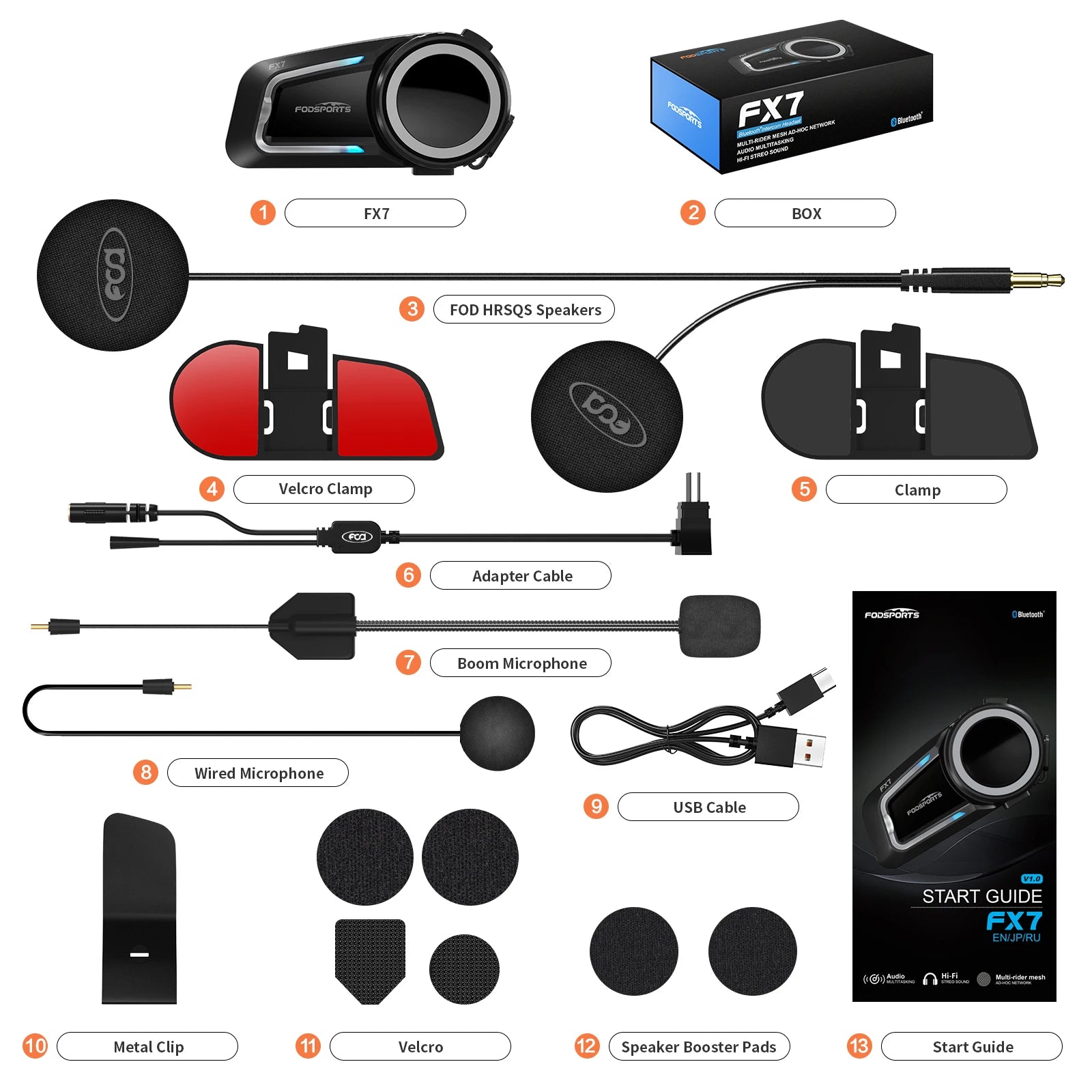 FODSPORTS FX7 Motorcycle Bluetooth Intercom – 10-Rider Mesh 2000m