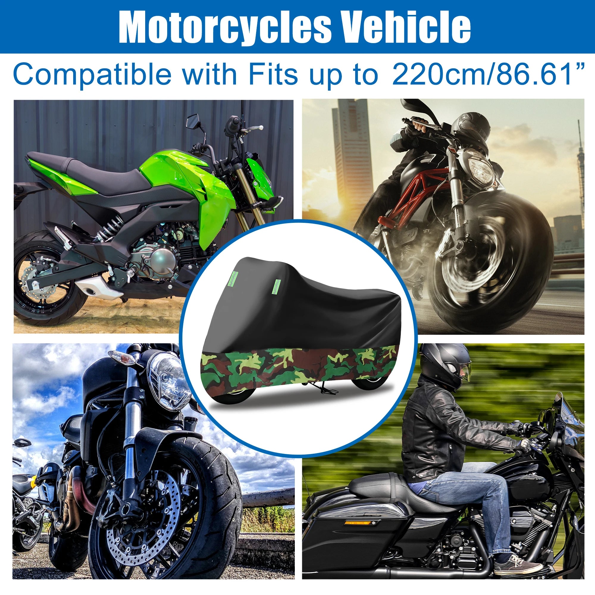 UXCELL Waterproof Camouflage Motorcycle Cover M-XXXXL Outdoor Full Coverage Rain Dust Resistant Motorbike Protective Cover – Fleece Waterproof Cloth 4 Reflective Strips 2 Lock-Holes Universal Fit