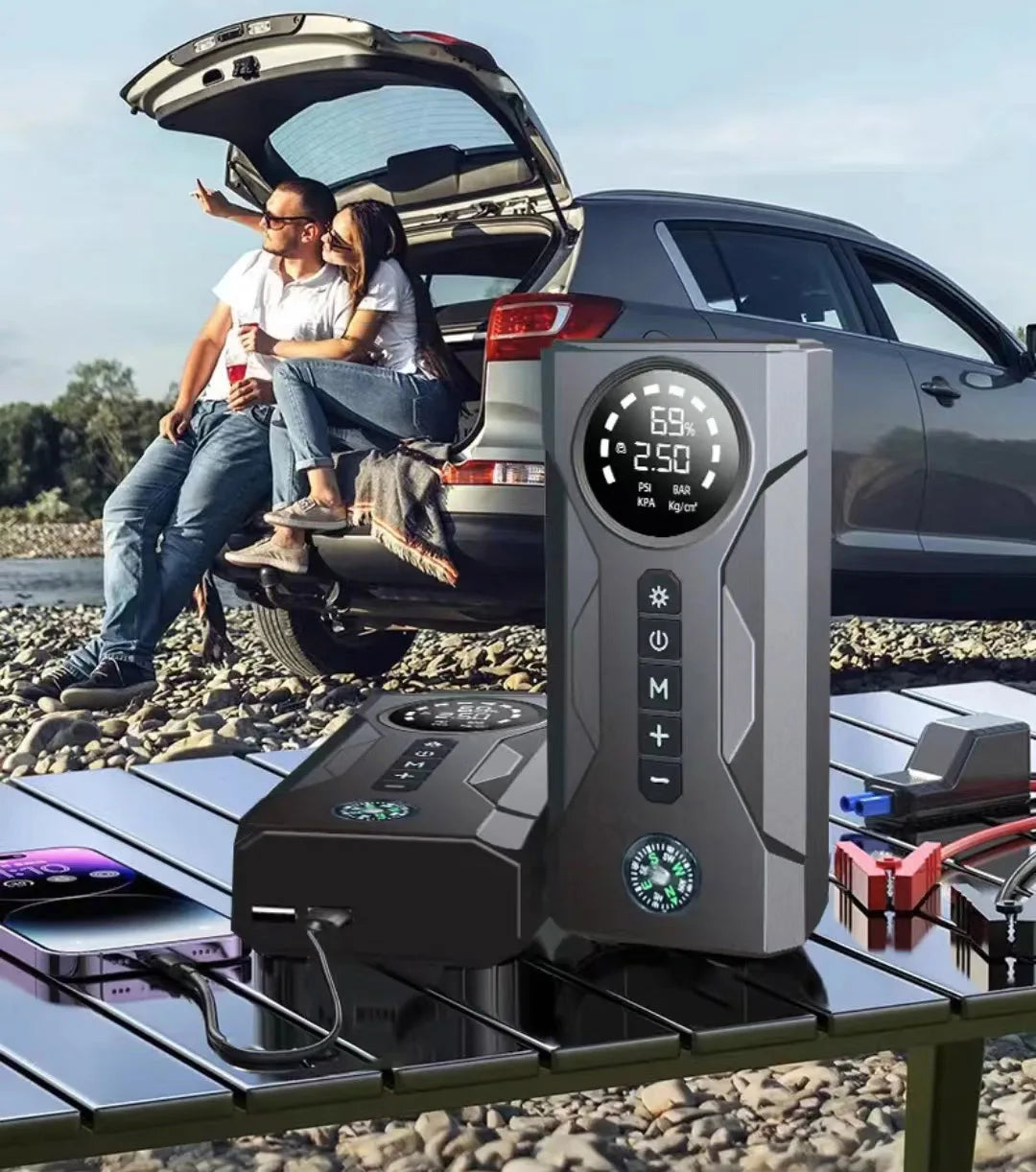 Portable 4-in-1 Car Jump Starter – 2000A Peak, 16000mAh Power Bank, Air Compressors & LED Light for Truck & Motorcycle