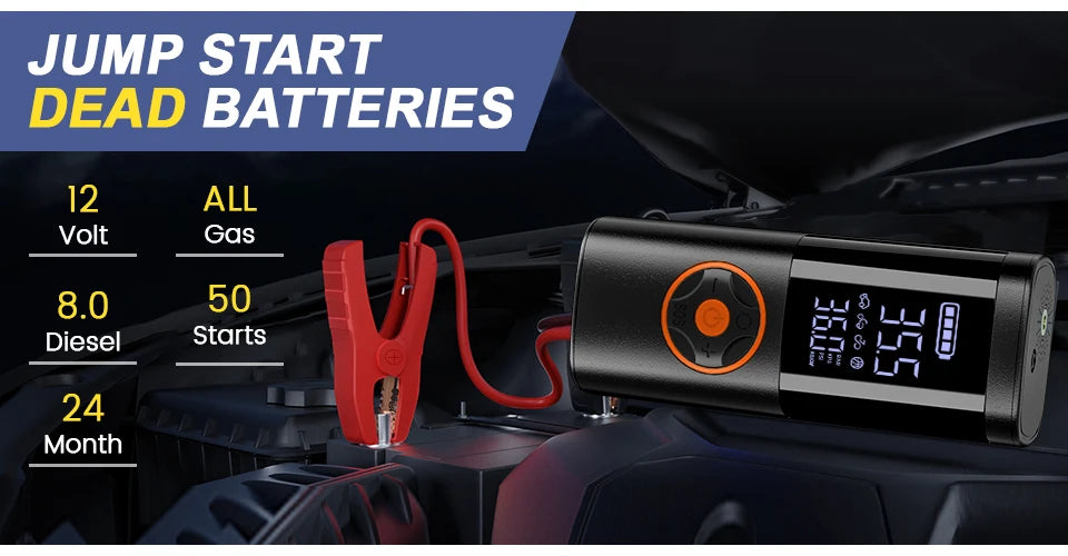 SERVOMASTER 7-in-1 Portable Jump Starter with Air Compressors – Multi-Pressure Inflator, LED Flashlight & Power Bank for Car, Motorcycle & Bicycle