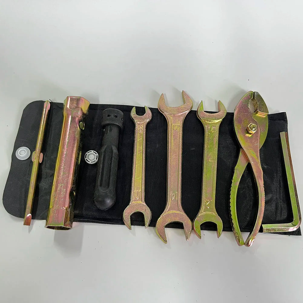 HOTSELE 7-Piece Universal Motorcycle Tool Kit – Spark Plug Socket, Spanners, Pliers & Allen Wrench – Storage Pocket – $18