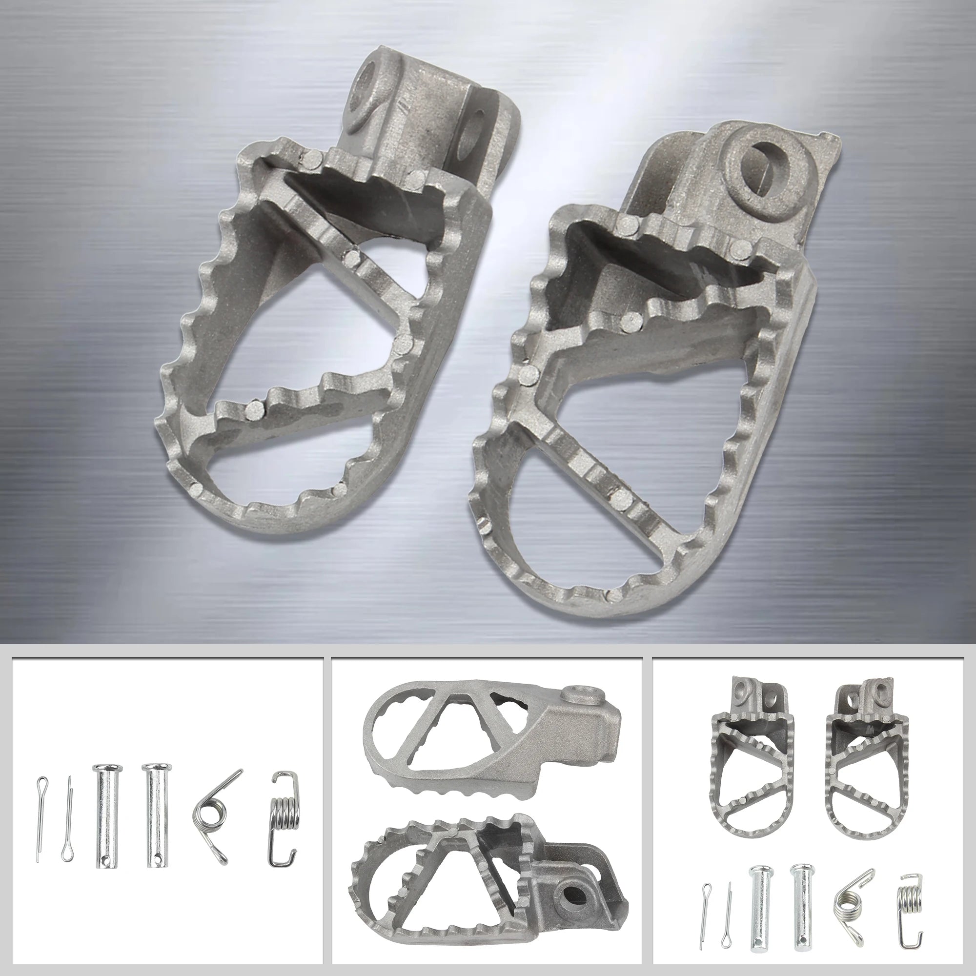 KTM SX SXF EXC EXCF XC XCF XCW 125–530 Motocross Aluminum Foot Pegs – 360° Rotatable + Pitch Adjustable – Silver – Spring & Pins Included – Dirt Pit Bike – $16