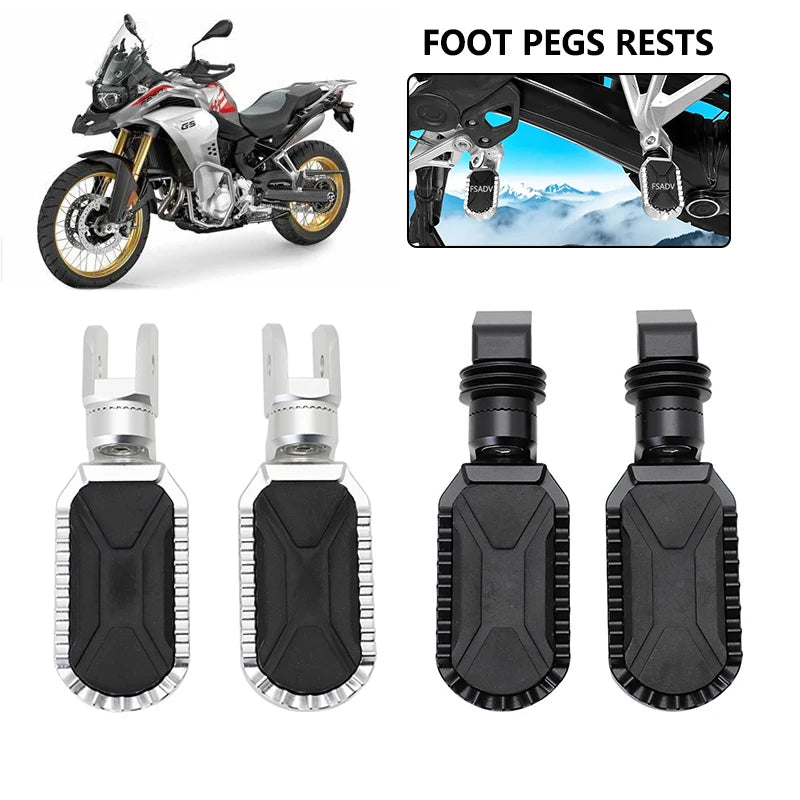 BMW F750GS F850GS F850GS Adventure 2018–2023 Adjustable Front & Rear Foot Pegs – Aluminum + Rubber – Silver or Black – Fixed or 360° Adjustable – $77–$97