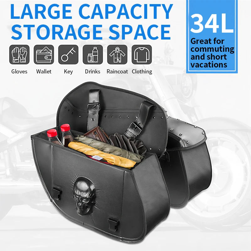 Universal Motorcycle Saddlebags Side Storage Bags Anti-Water 34L PU Leather Side Tool Pouch Luggage Storage Bags for Harley Suzuki Kawasaki Yamaha Honda – Skull Flag / Black