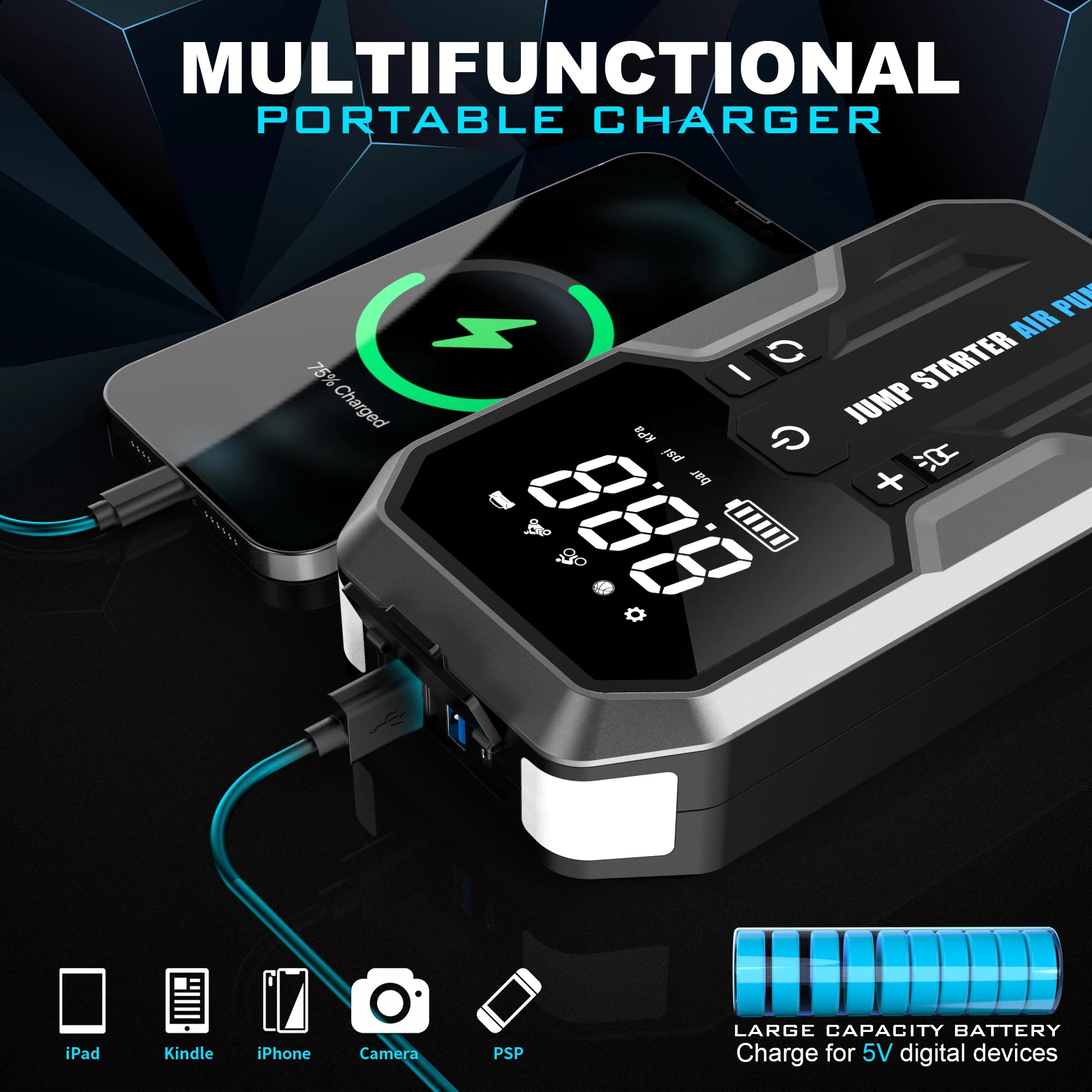 Portable 20000mAh 4000A Jump Starter with Air Pump – 150PSI Tire Inflator, LED Light & Power Bank for Car, Truck & Motorcycle