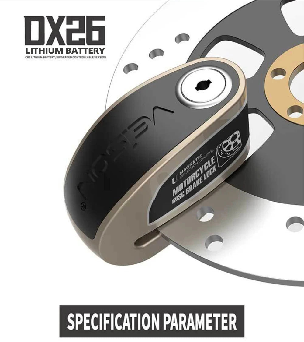 DX26 Motorcycle Waterproof Alarm Lock Bicycle Disc Lock Intelligent Controllable Alarm Disc Brake Lock Electric Car Lock – Stainless Steel – 0.5kg – Black Yellow Gold