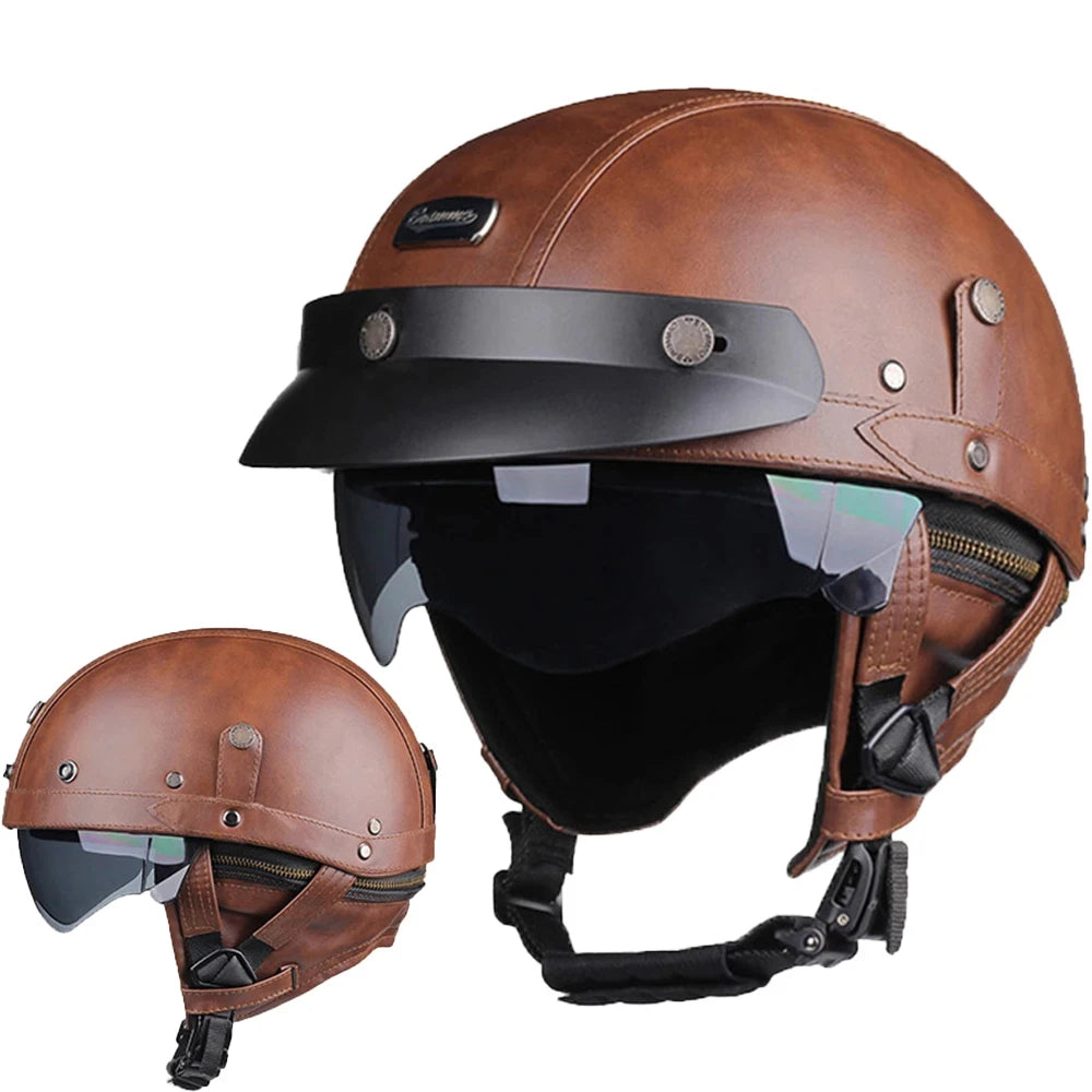 Half Helmets – Retro PU Leather Motorcycle Helmet, HD Visor, All-Season Scooter Helmet for Men & Women