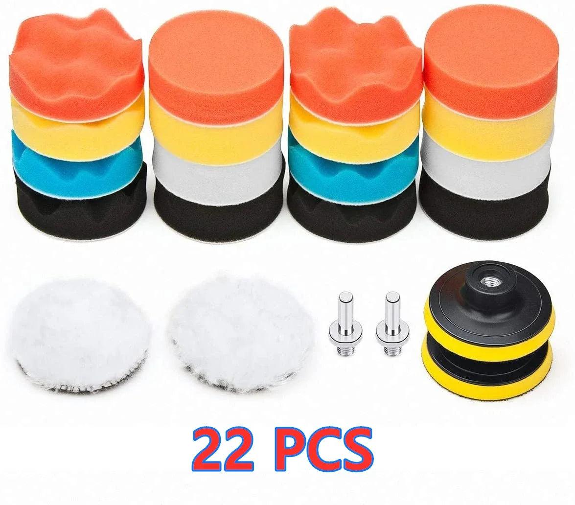Car & Motorcycle Foam + Wool Polishing Pad Kit – 3" & 5" Sponge Buffer Set – Waxing Polishing Sealing – Drill Compatible – 5 / 11 / 22 / 39 Pcs – $20–30