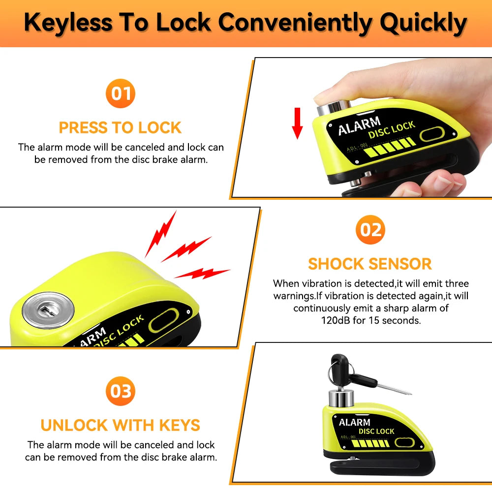 Extractme Motorcycle Alarm Disc Brake Lock 120dB Bicycle Wheel Disk Padlock Security Anti-Theft Lock Scooter – USB-C Rechargeable – 7mm – With or Without Rope – Red Black Blue Green Yellow