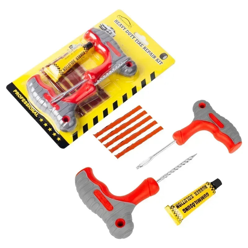 Motorcycle Tubeless Tire Repair Tool Kit – Rubber Strips, Thread Drill, Fork Drill & Glue – Car Truck Vacuum Tyre Puncture Plug Set – $10