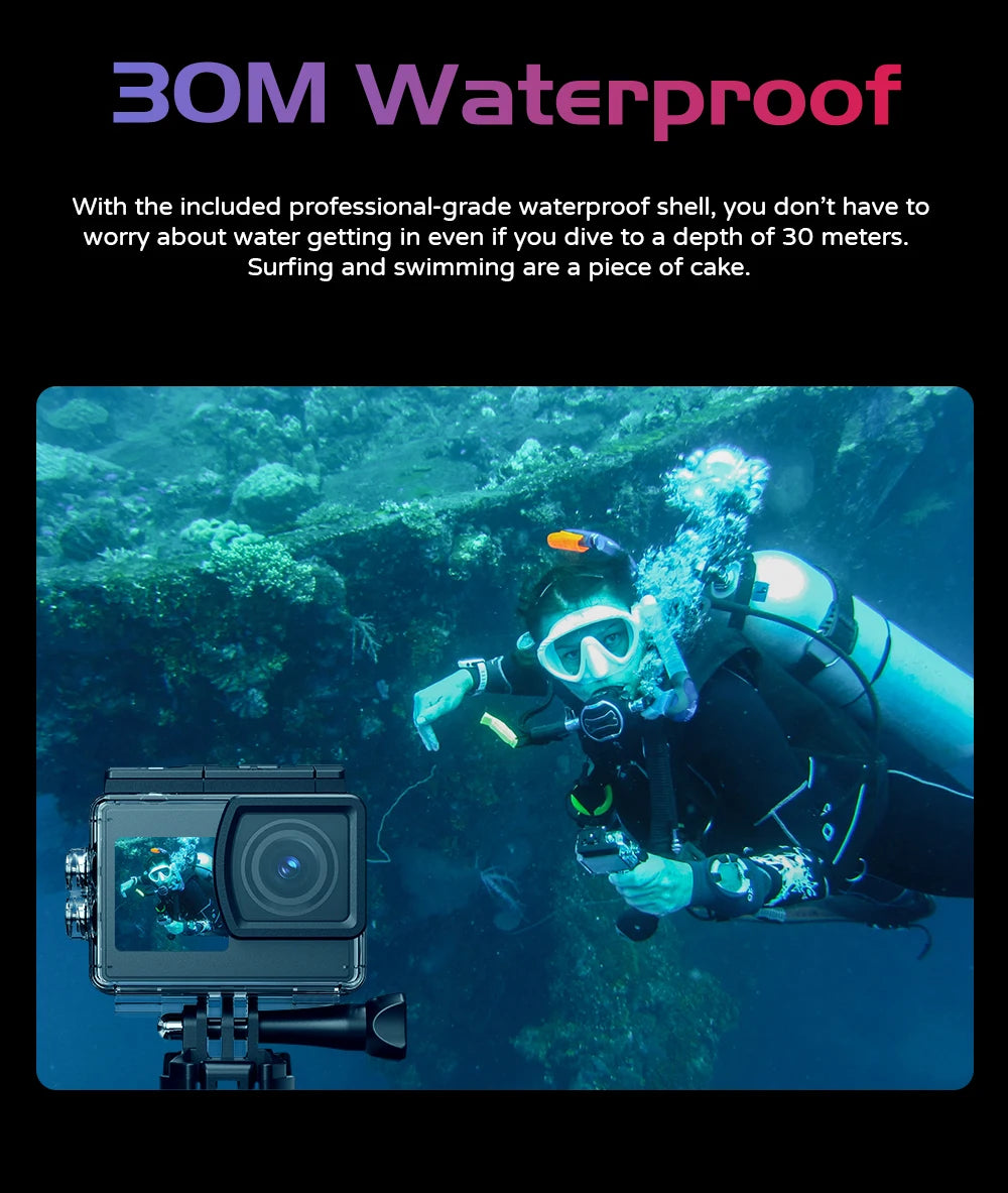 SJCAM SJ4000 Dual Screen 4K 30fps Action Camera 2.0" Rear + 1.3" Front Screen 170° Wide-Angle 30M Waterproof 2.4G WiFi Anti-Shake Car Mode Loop Recording Sports Camera for Motorcycle Bicycle Helmet Diving