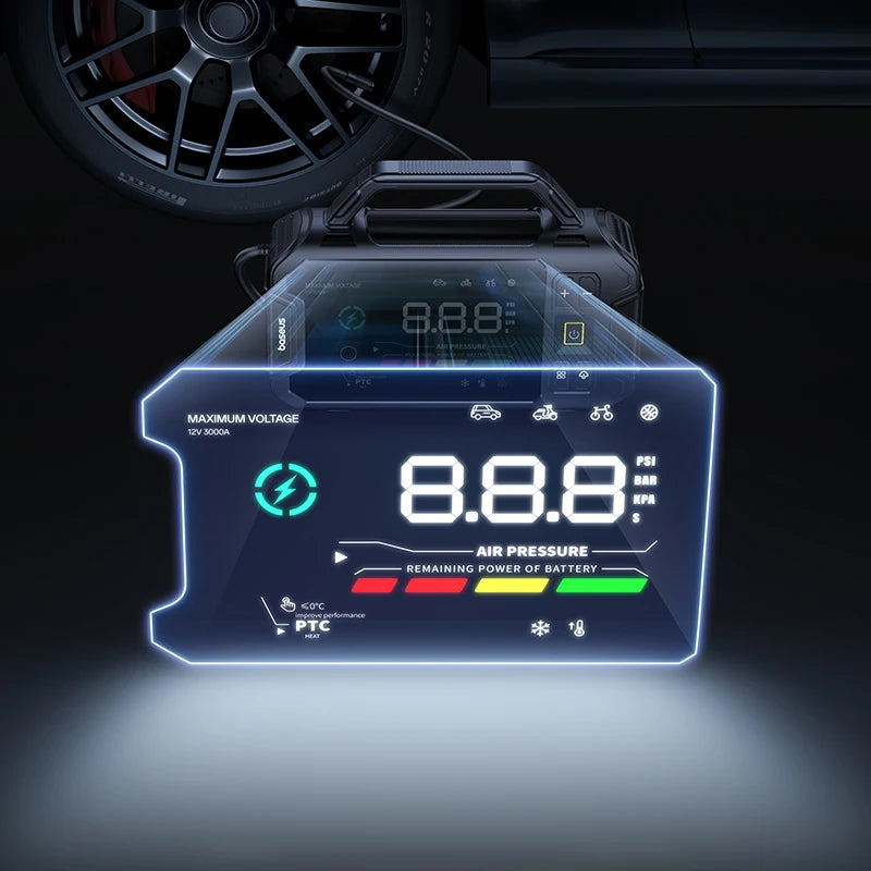 Baseus PrimeTrip VJ1 Motorcycle Jump Starter 3000A 4-in-1 with 150PSI Air Compressor 21600mAh Power Bank Patented PTC Heating LED Light
