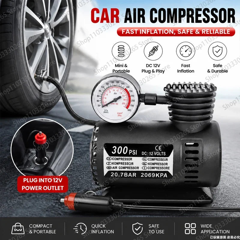 Portable Air Compressor – 300 PSI 12V Mini Tire Inflator