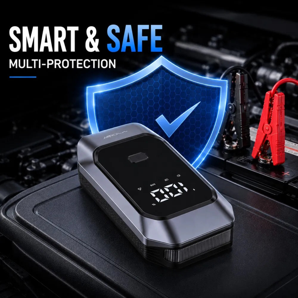 Vyvylabs 12000mAh Car Jump Starter – 1000A Peak 12V Portable Battery Booster Pack with Power Bank, LED Flashlight & Digital Display