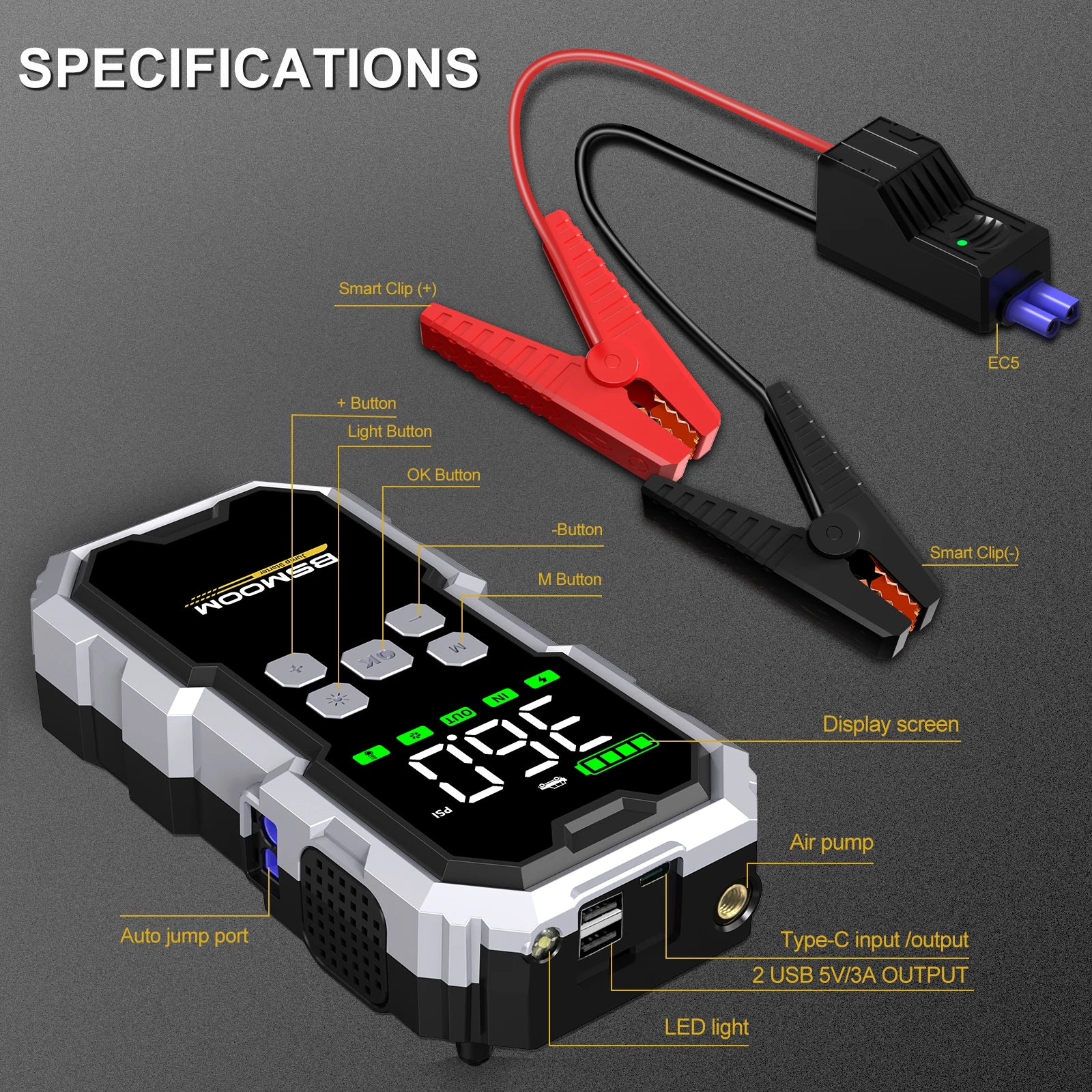 BSMOOM 150PSI Air Compressors Jump Starter Combo 4000A-10000A Portable Car Battery Pack for Motorcycle Car SUV Truck RV