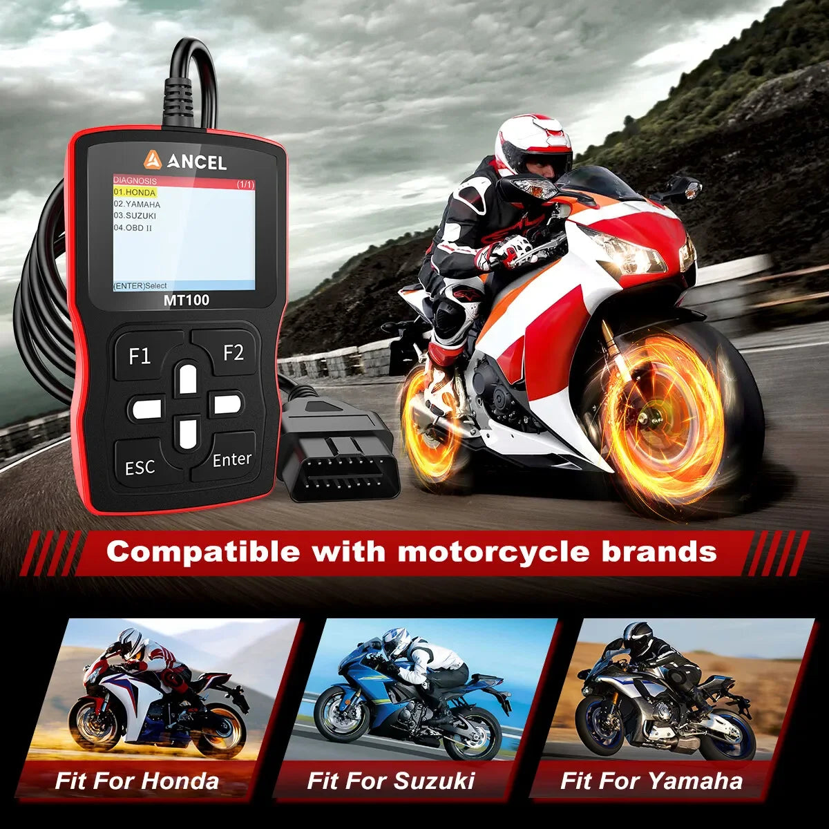 ANCEL MT100 Motorcycle OBD2 Scanner – Engine + ABS System – Yamaha Honda Suzuki – Wired Handheld – 2-Year Warranty – $138