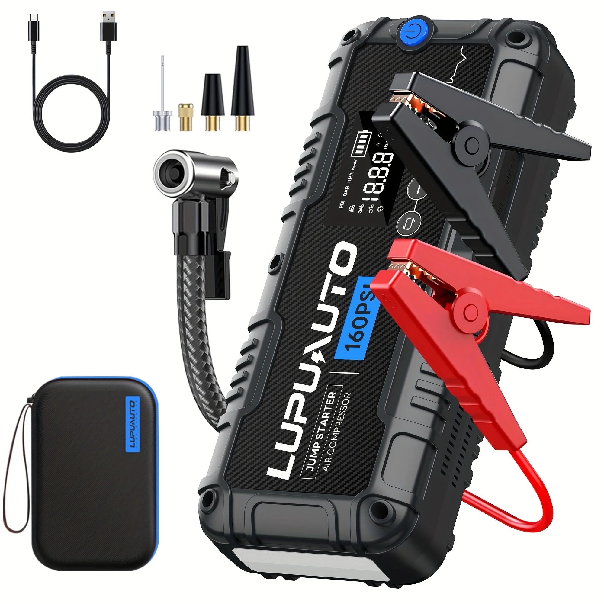 Motorcycle Jump Starter 7000A with Air Compressor 160PSI Tyre Inflator Portable Power Bank LED Flashlight Smart Cable 12V