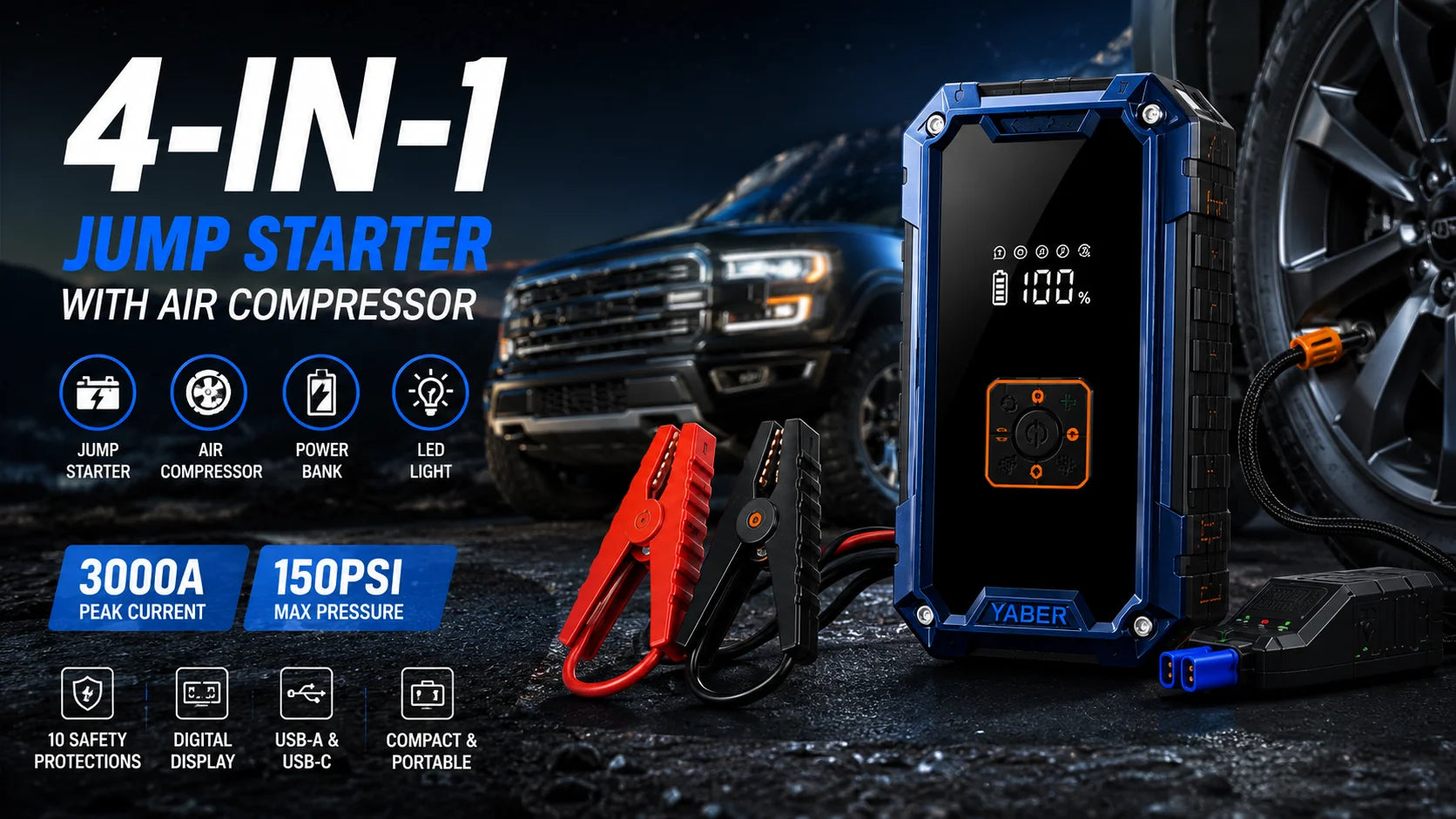 Rscrola Motorcycle Jump Starter 3000A with 150PSI Air Compressor Tyre Inflator Portable Power Bank LED Light 12V for Motorcycle SUV Truck