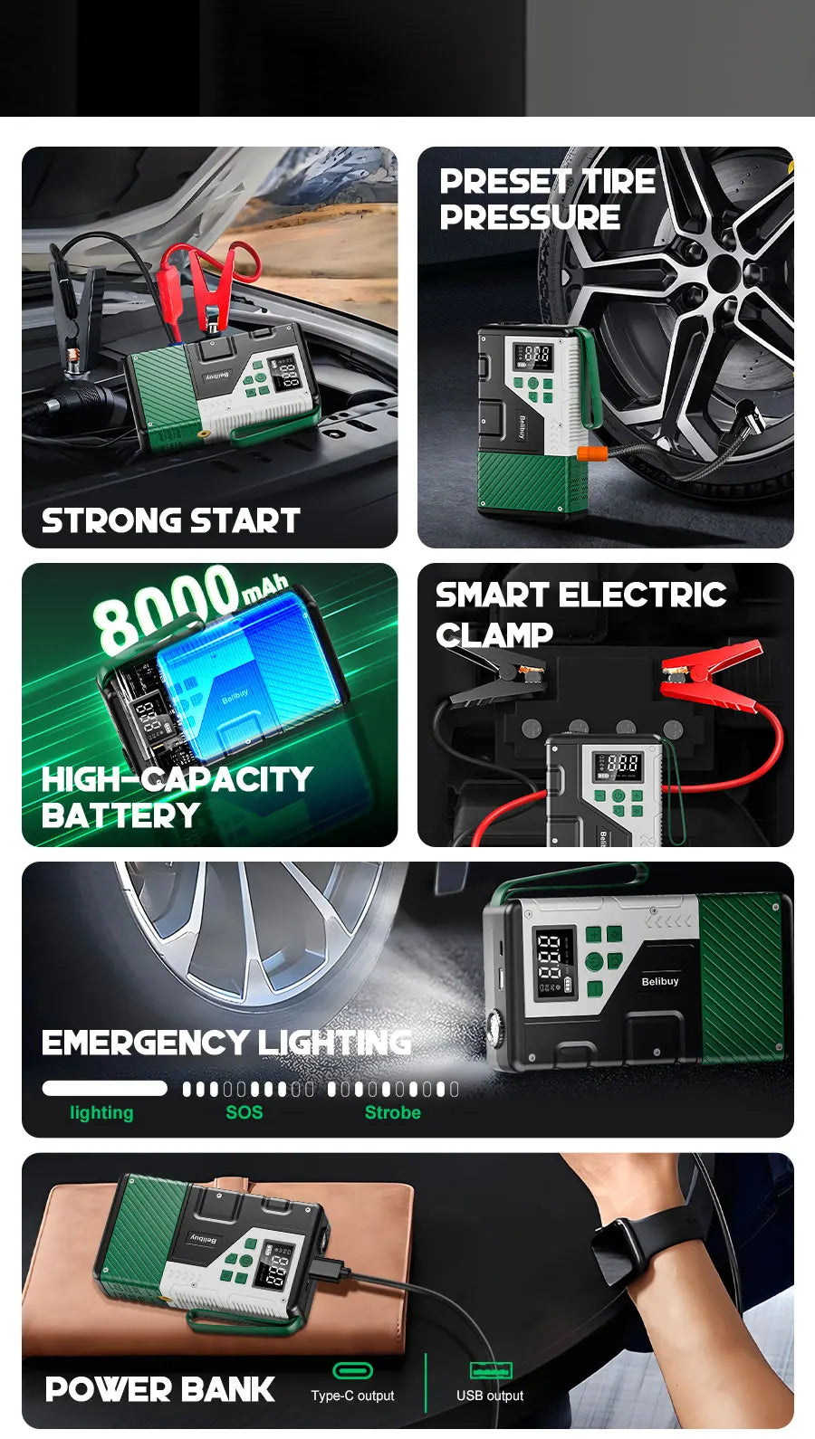 Upgraded 150PSI Portable Motorcycle Air Compressor with 7000A Emergency Jump Starter Combo Digital LCD Display Ideal for Outdoor Camping