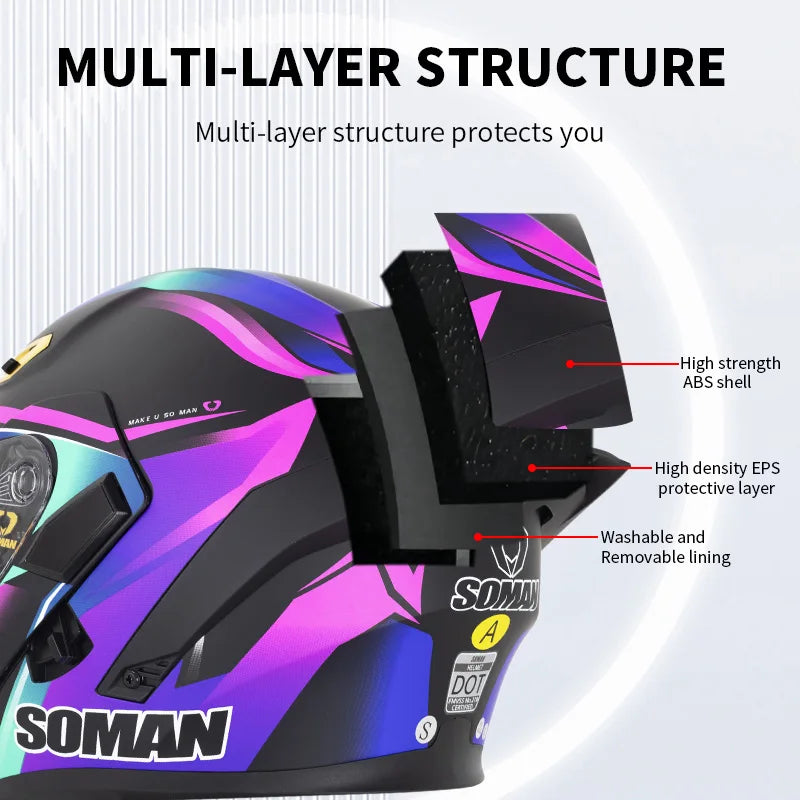 DOT Approved Modular Full Face Motorcycle Helmet – Flip-Up Dual Visor, All-Season