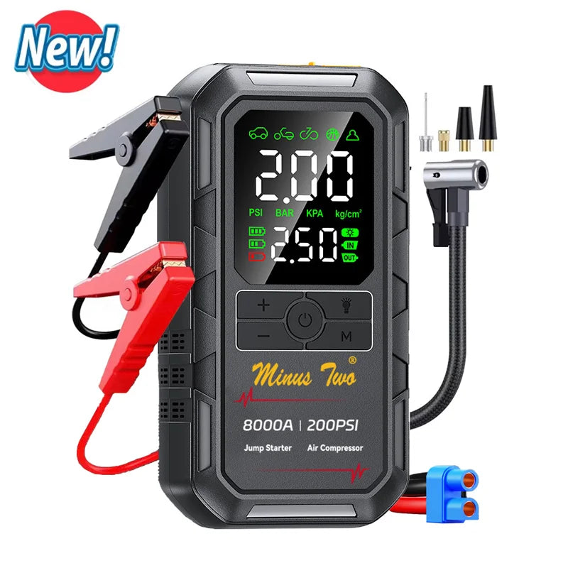 Motorcycle & Bike Jump Starter 4000A with 200PSI Air Compressor Auto Tyre Inflator Large LCD Display LED Light 12V