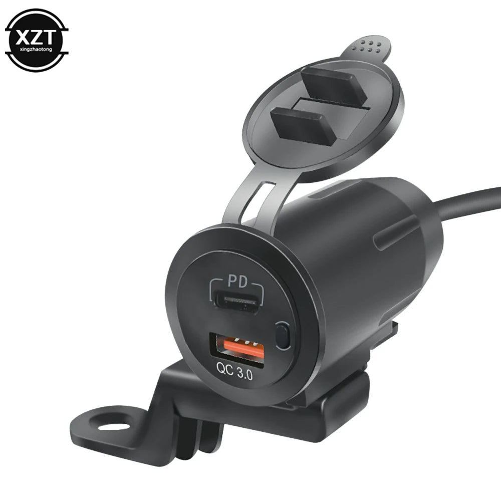 12–24V Motorcycle Dual USB Fast Charger – PD + QC3.0 Handlebar Charging Socket with Switch