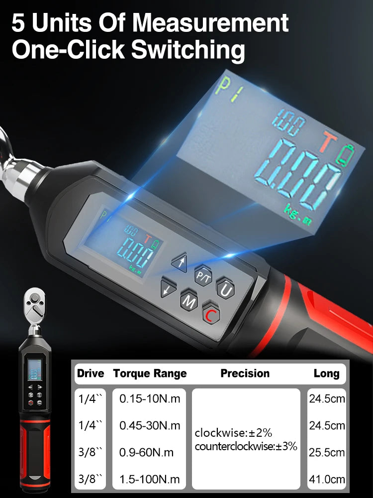 KAPMORE KAP-01 Digital Torque Wrench – ±2% Accuracy – LED + Buzzer Alert – 4 Units (Nm/ft-lb/in-lb/kgf-cm) – 0.15–100 Nm – from $113