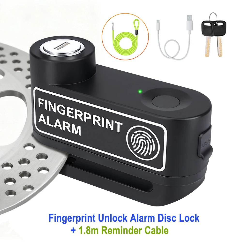 Extractme Motorcycle Alarm Disc Brake Lock Security Moto Wheel Disk Padlock Waterproof 120dB Anti-Theft – Fingerprint / Combination / Charging Style – USB-C – 7mm – With or Without Rope