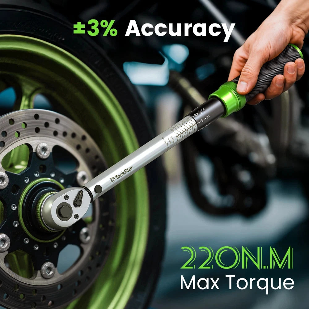 TaskStar 8-in-1 Click Torque Wrench Set – 1/4” + 3/8” + 1/2” – 72-Tooth – ±3% Accuracy – 5 Adapters + Case – $108