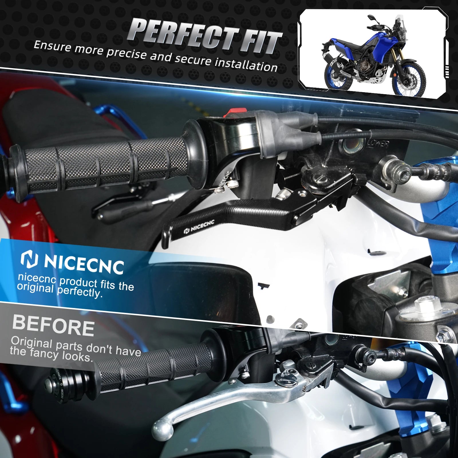 Yamaha Ténéré 700 / XTZ700 2019–2024 / XSR700 / MT-07 NICECNC Shorty Brake Clutch Lever & Clutch Arm – CNC 6061-T6 Aluminum – Blue / Black – $44–$167