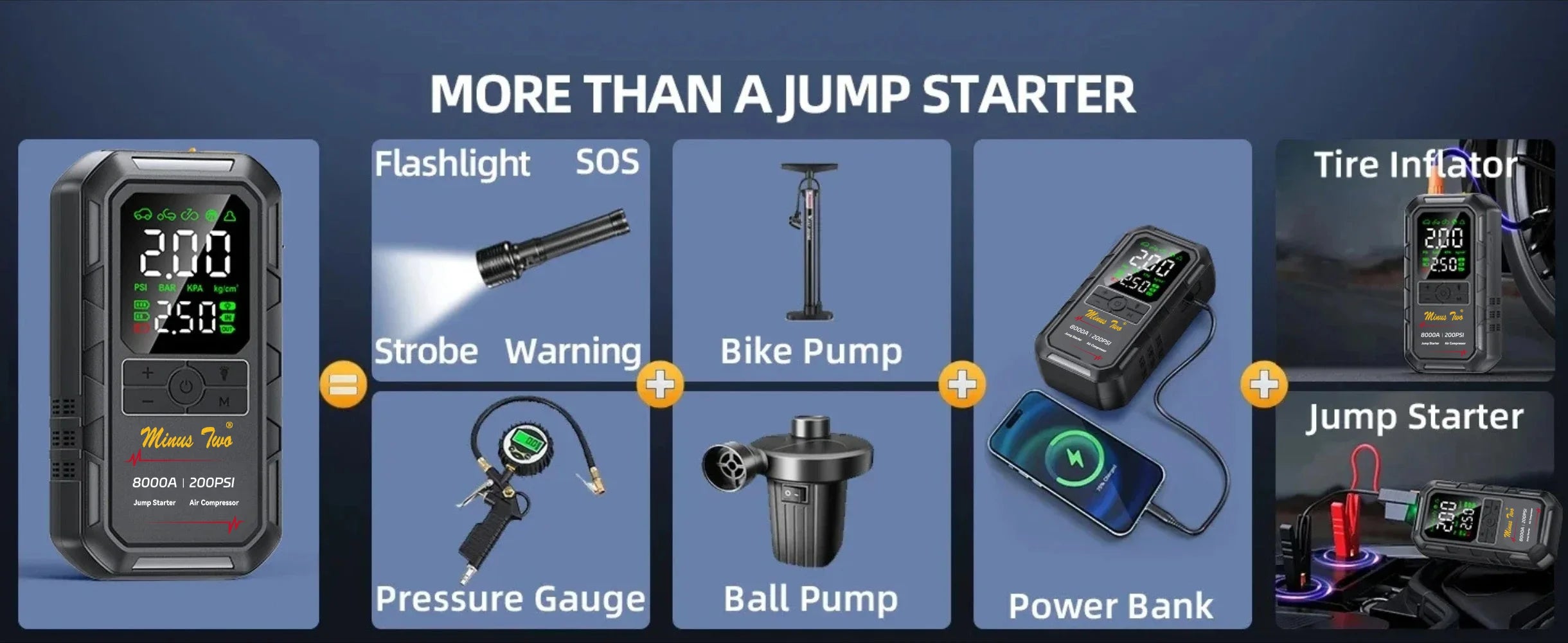 Motorcycle & Bike Jump Starter 4000A with 200PSI Air Compressor Auto Tyre Inflator Large LCD Display LED Light 12V