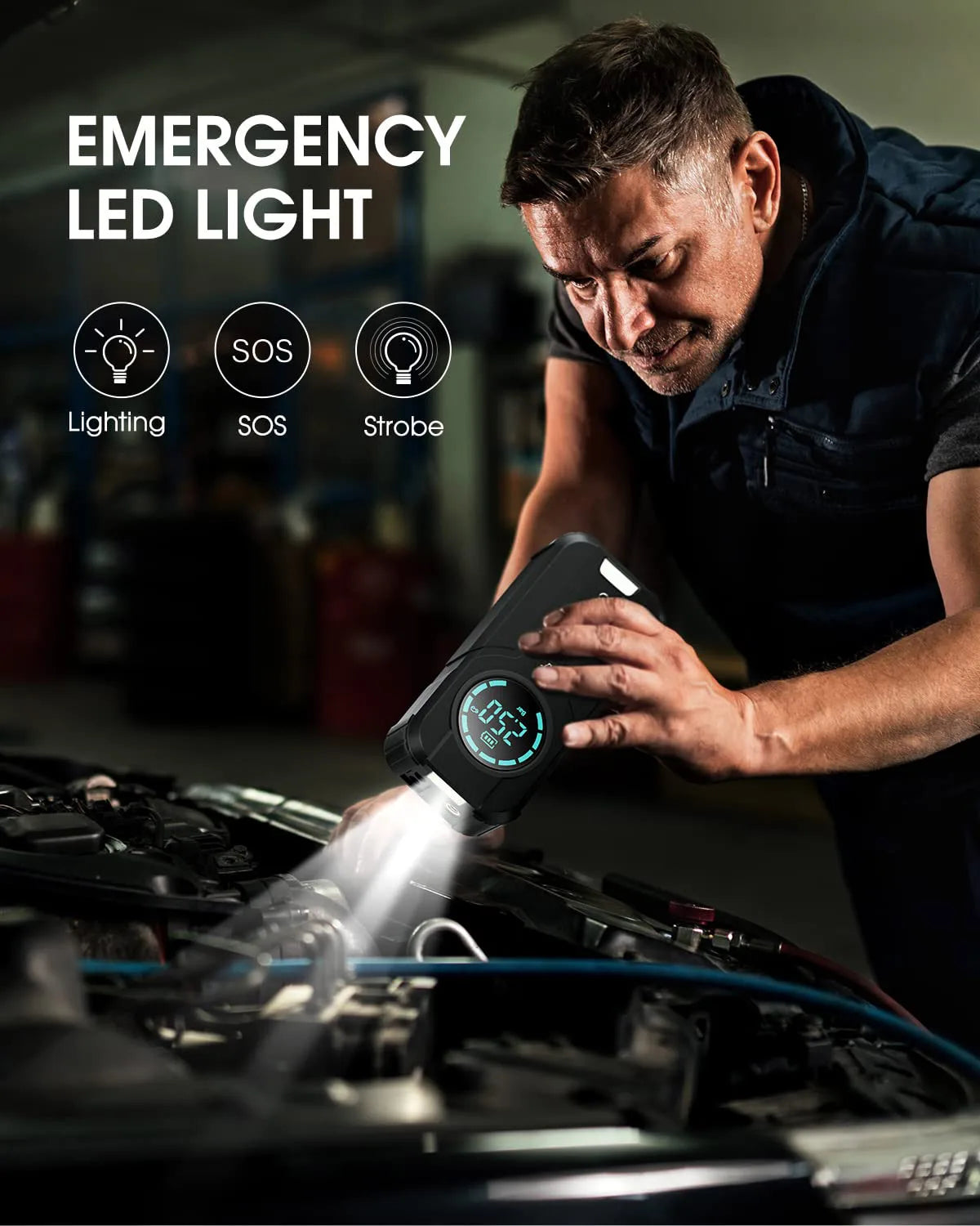 Portable 4-in-1 Car Jump Starter – 2000A Peak, 16000mAh Power Bank, Air Compressors & LED Light for Truck & Motorcycle