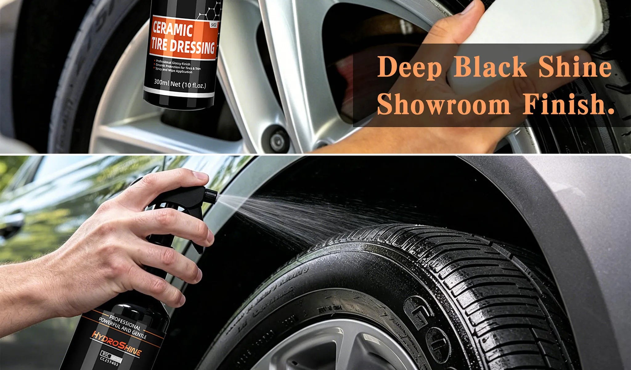 Hydroshine Ceramic Tire Dressing – Black Wet Look Tire Shine Deep Glossy Finish UV Protection Long-Lasting – 50ml / 100ml / 300ml – $14–35