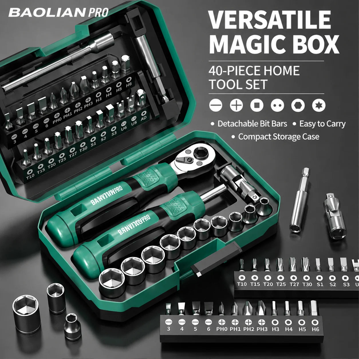 Baolian 40-in-1 Bike & Motorcycle Repair Tool Kit – Ratchet, Socket Wrench & Screwdriver Bit Set – Cr-V Steel – Carry Bag – $80