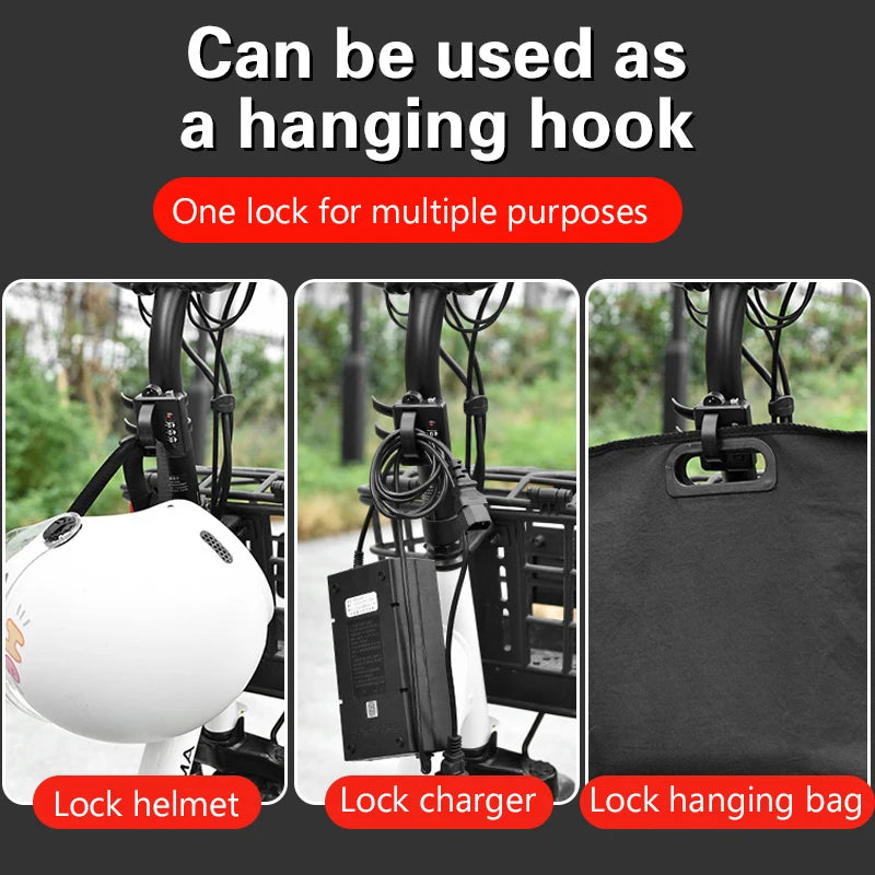Multi-Use Motorcycle Bicycle Helmet Lock Waterproof Anti-Theft Password Cable Lock Hook for Scooter Cycling Accessories – 3-Digit Adjustable Cable Tie 18cm Zinc Alloy Black