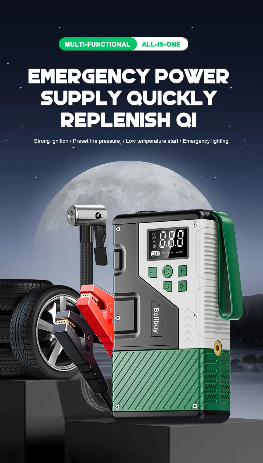 Upgraded 150PSI Portable Motorcycle Air Compressor with 7000A Emergency Jump Starter Combo Digital LCD Display Ideal for Outdoor Camping