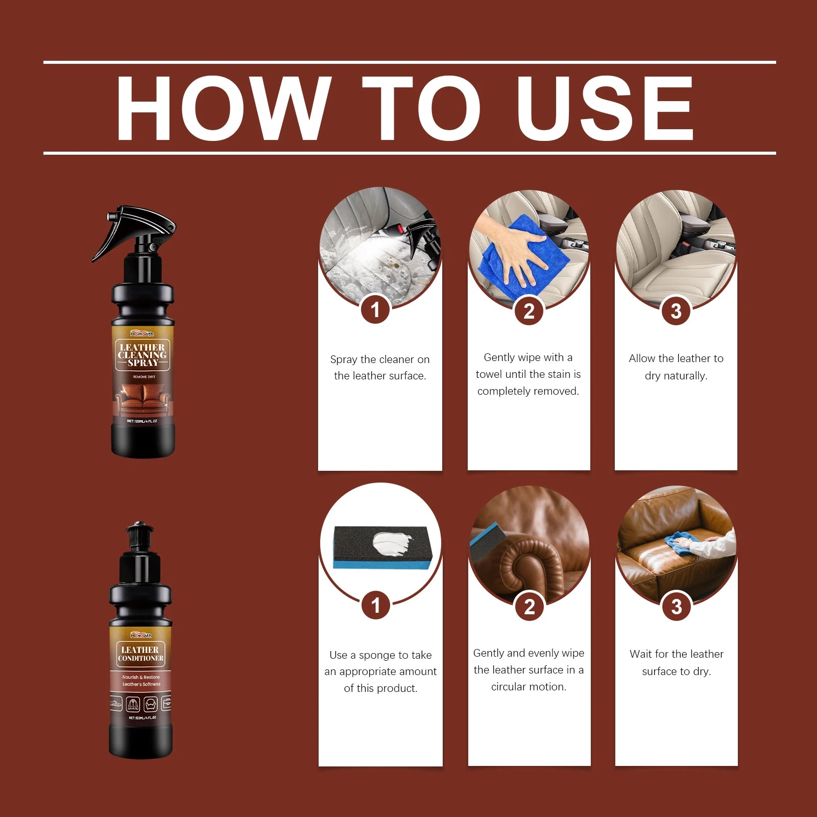 Homonth 2-in-1 Leather Cleaner & Conditioner Kit – Deep Spray + Nourishing Lotion – Car Seats Sofa Bags – Prevents Cracking – Sponge + Towel Included – $12–65