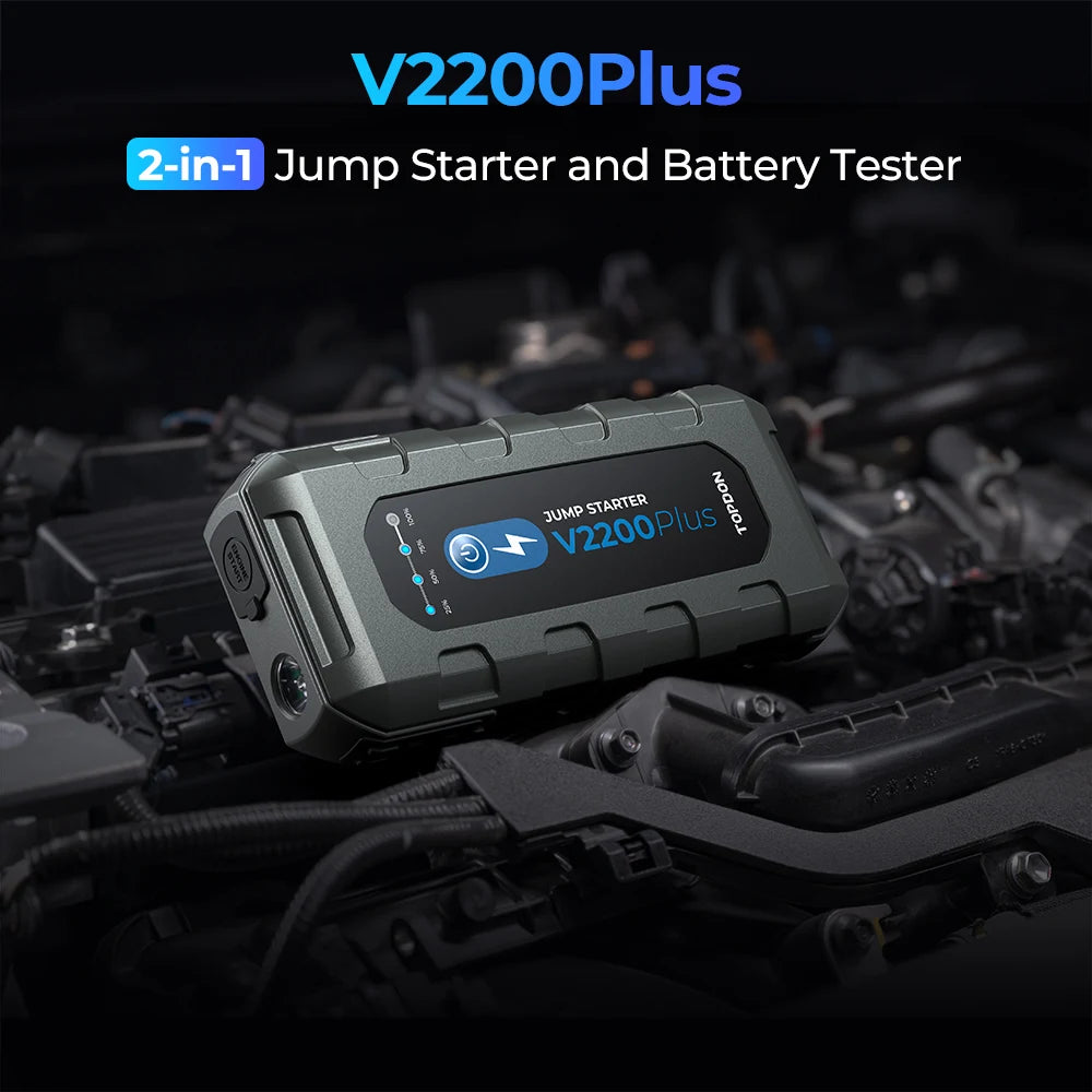 TOPDON V2200Plus 2200A Jump Starter – 2-in-1 Battery Tester & Power Bank for Cars, Trucks & Motorcycles