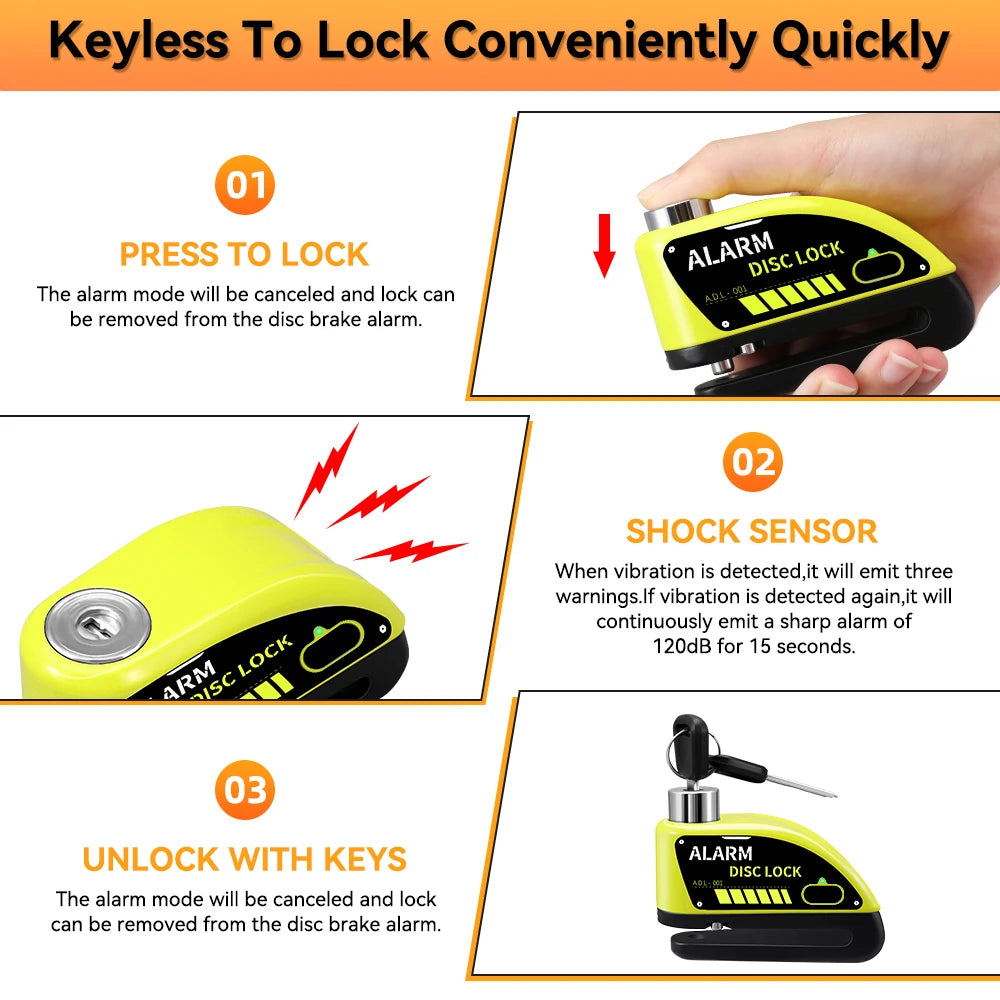 Extractme Motorcycle Alarm Disc Brake Lock Security Moto Wheel Disk Padlock Waterproof 120dB Anti-Theft – Fingerprint / Combination / Charging Style – USB-C – 7mm – With or Without Rope